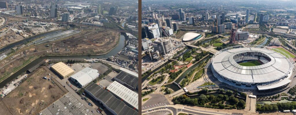 Stratford Olympic Park pred a po transformácii územia, Zdroj: www.queenelizabetholympicpark.co.uk